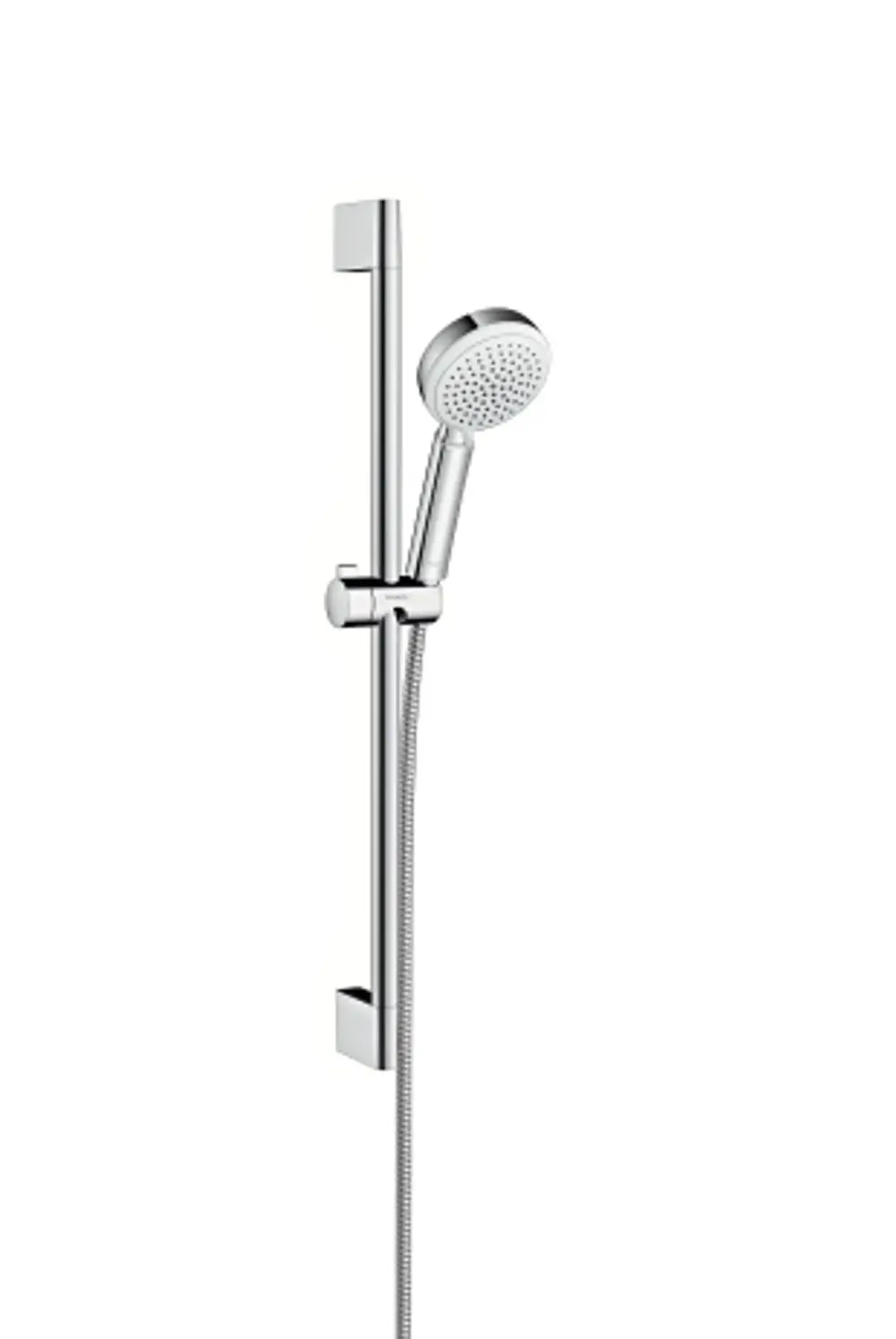 Brauseset von Hansgrohe mit verchromter Brausestange und Handbrause, montiert an der Wand. Flexible Schlauchverbindung. Weißes und verchromtes Finish.